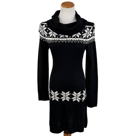 Black & White Fair Isle Cowl Neck Mini Sweater Dress | Nordic Cottagecore Cozy M - Picture 2 of 16